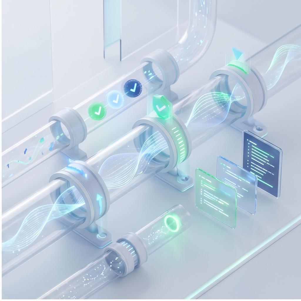 Abstrakte Visualisierung von Testing, Logs und Qualitätsprüfung für KI-Agenten