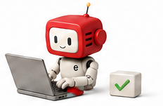 Roter Robo arbeitet mit einem Laptop.